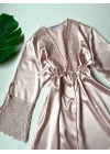 Pudra Güpür Detaylı 6lı Saten Gecelik Sabahlık Set