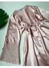 Pudra Güpür Detaylı 6lı Saten Gecelik Sabahlık Set