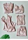 Pudra Güpür Detaylı 6lı Saten Gecelik Sabahlık Set