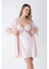 Pudra Güpür Detaylı 6lı Saten Gecelik Sabahlık Set