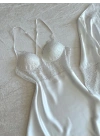 Ekru Güpür Detaylı Gecelik Sabahlık Takım
