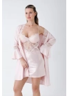 Pudra Güpür İşlemeli Saten Gecelik Sabahlık Takımı
