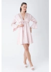 Pudra Güpür İşlemeli Saten Gecelik Sabahlık Takımı