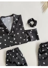 Siyah Beyaz Kalpli Saten Pijama Seti
