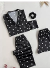 Siyah Beyaz Kalpli Saten Pijama Seti