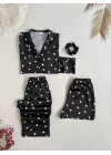 Siyah Beyaz Kalpli Saten Pijama Seti