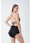 Siyah Fırfırlı Sırt Dekolteli Pijama Takımı