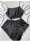 Siyah Fırfırlı Sırt Dekolteli Pijama Takımı