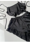 Siyah Fırfırlı Sırt Dekolteli Pijama Takımı