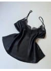 Black Short Garter Detailed Nightgown Pajama Set