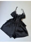 Black Short Garter Detailed Nightgown Pajama Set