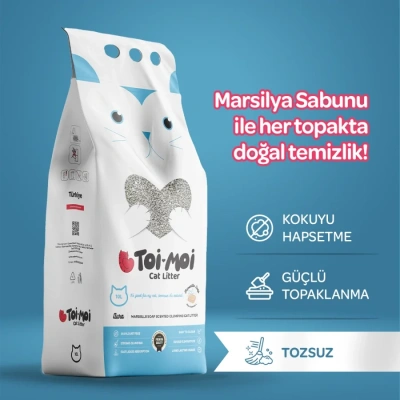 Toi Moi Topaklanan,Tozsuz,Hijyenik Marsilya Sabunlu Bentonit Kedi Kumu 10 lt