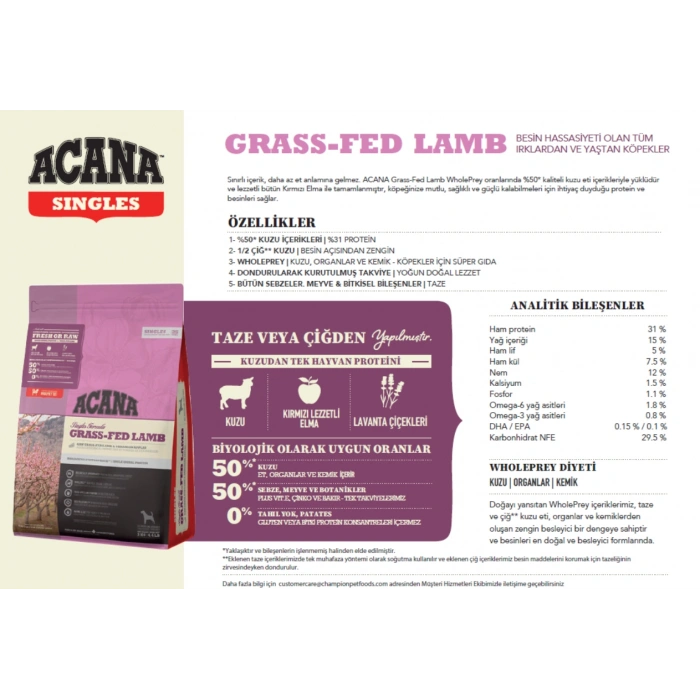 Acana Grass-Fed Lamb Kuzulu Tahılsız Köpek Maması 2 Kg