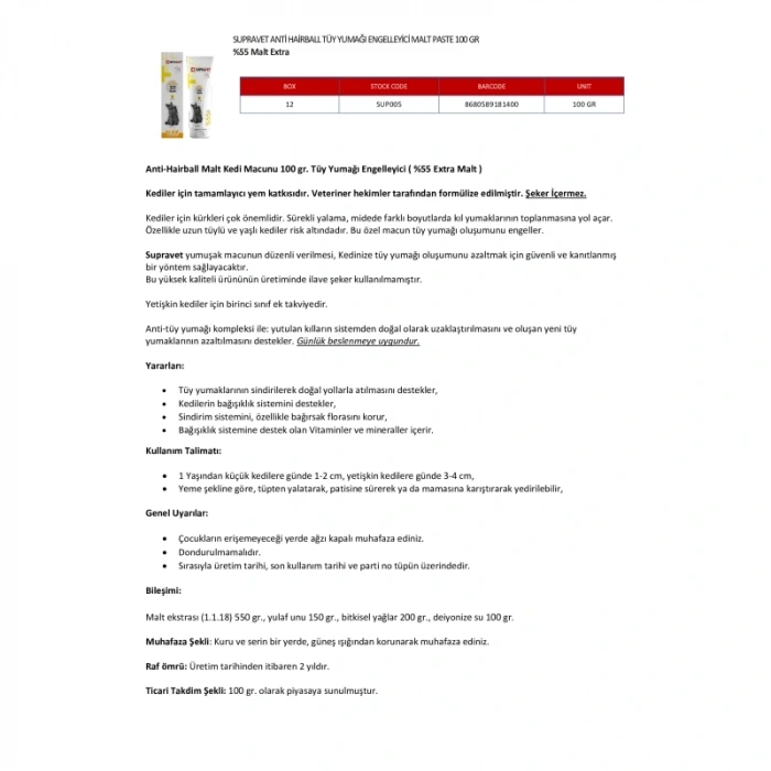 Supravet Anti Hairball Kediler İçin Malt Macun 100 gr