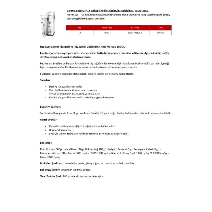 Supravet Biotin Plus Kediler için Tüy Sağlığı Güçlendirici Malt Paste 100 gr