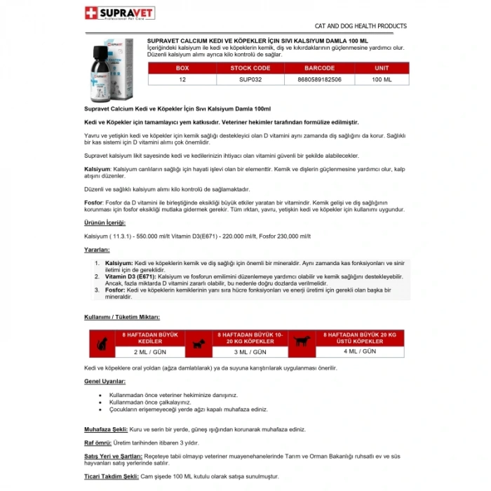 Supravet Calcium Kedi ve Köpekler İçin Kalsiyum Damla 100 ml