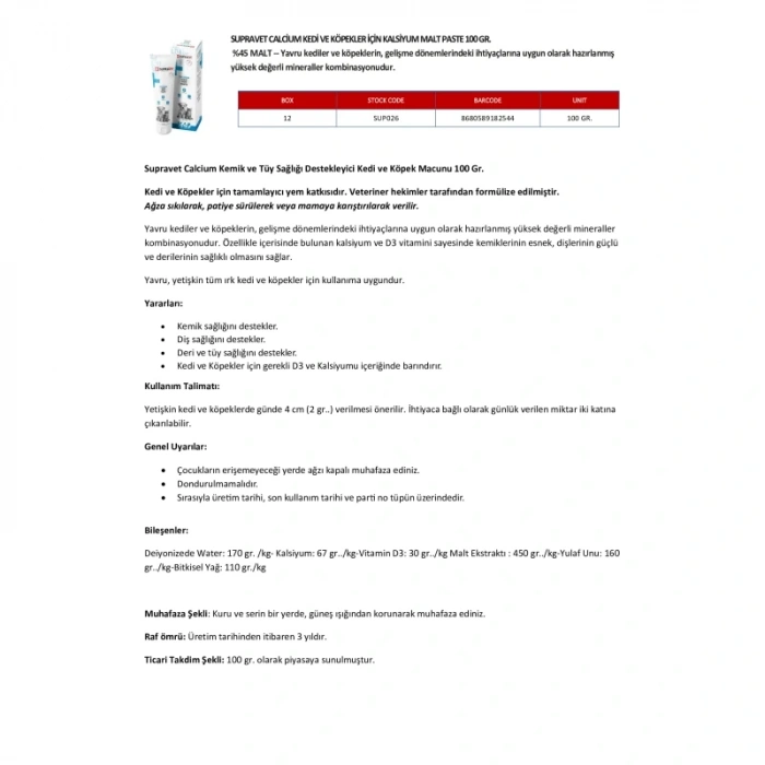 Supravet Calcium Kedi ve Köpekler İçin Kalsiyum Malt Paste 100 gr