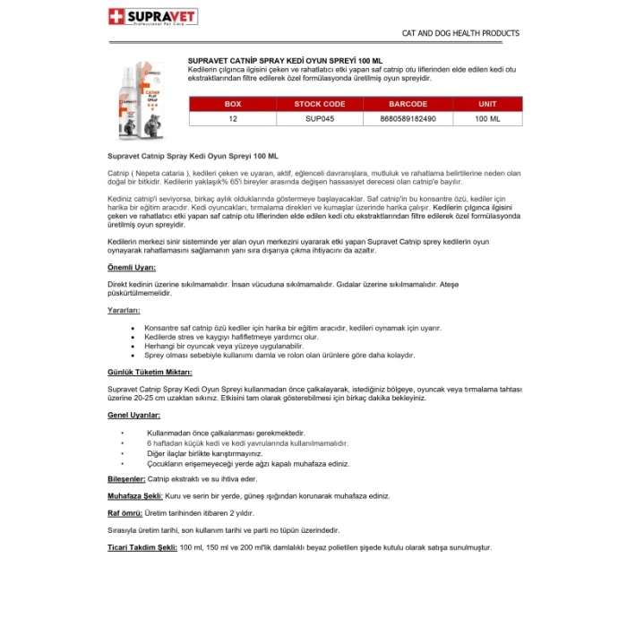 Supravet Catnip Spray Kedi Otlu Oyun Spreyi 150 ml