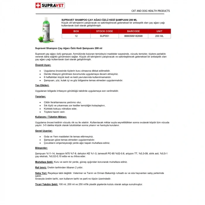 Supravet Çay Ağacı Özlü Kedi Şampuanı 200 ml