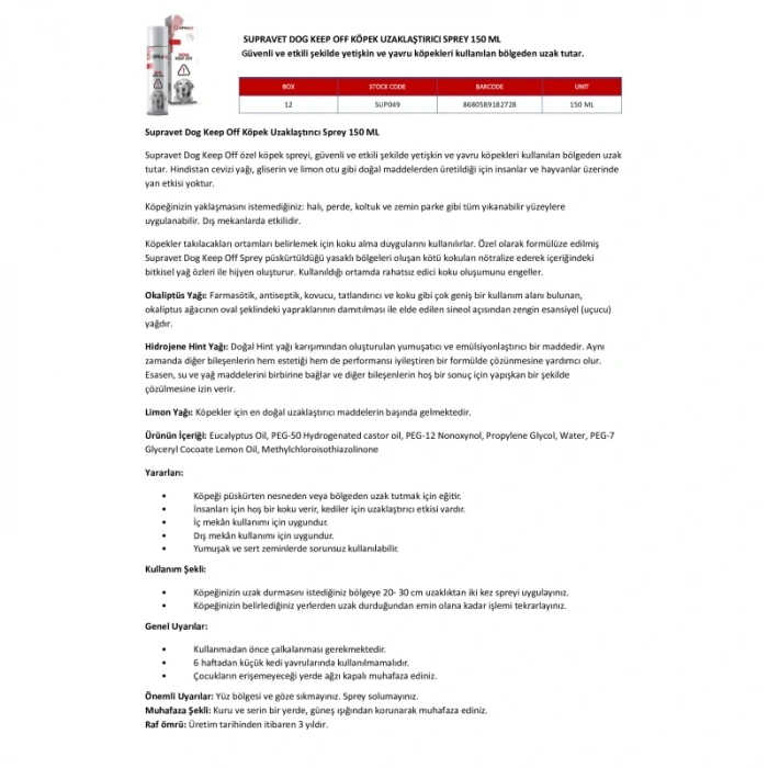 Supravet Dog Keep Of Köpek Uzaklaştırıcı Sprey 150 ml