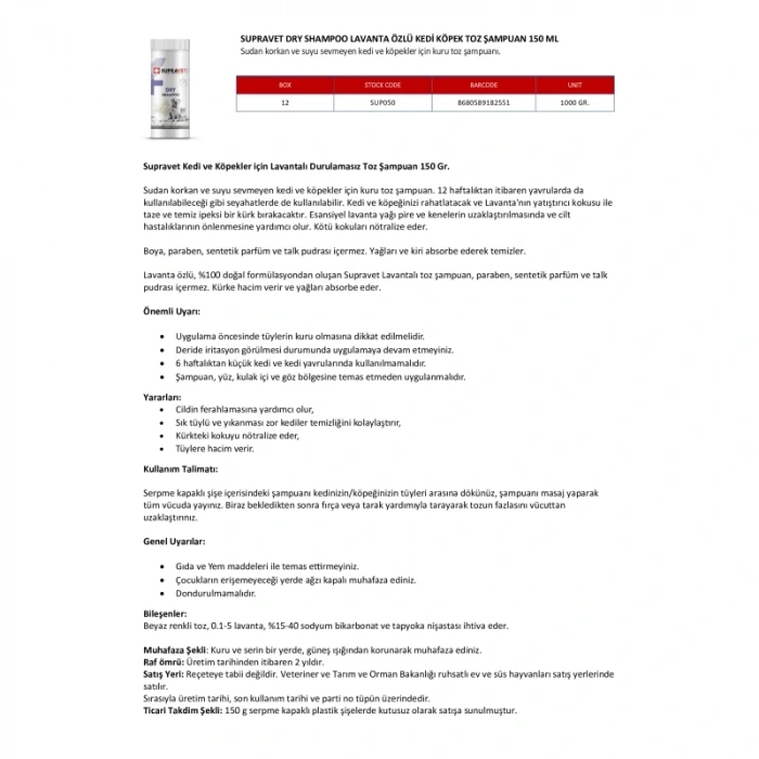 Supravet Dry Shampoo Lavanta Özlü Kedi Köpek Toz Şampuan