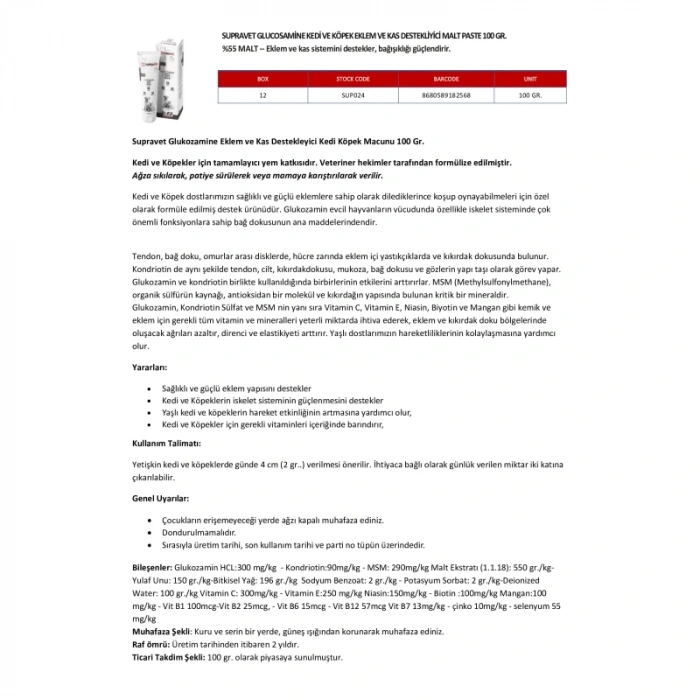 Supravet Glucosamine Kedi ve Köpek Eklem ve Kas Destekleyici Malt Paste 100 gr