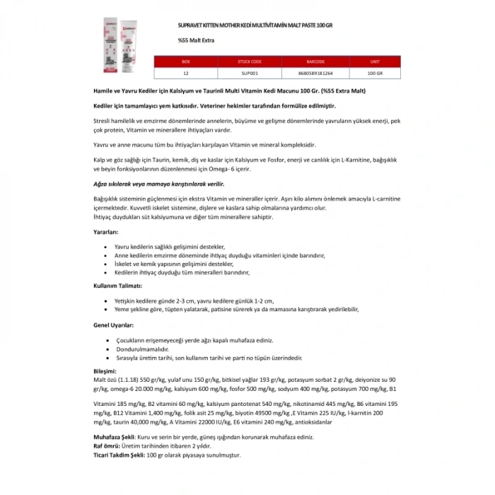 Supravet Hamile Ve Yavru Kediler Için Kalsiyum Ve Taurinli Multi Vitamin Kedi Macunu 100 Gr. (%57 Extra Malt)