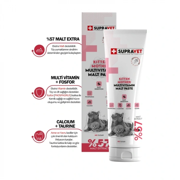 Supravet Hamile Ve Yavru Kediler Için Kalsiyum Ve Taurinli Multi Vitamin Kedi Macunu 100 Gr. (%57 Extra Malt)