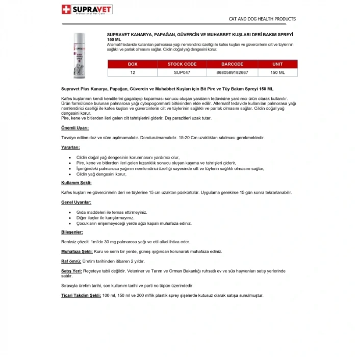 Supravet Kanarya,Papağan,Güvercin Ve Muhabbet Kuşları Deri Bakım Spreyi