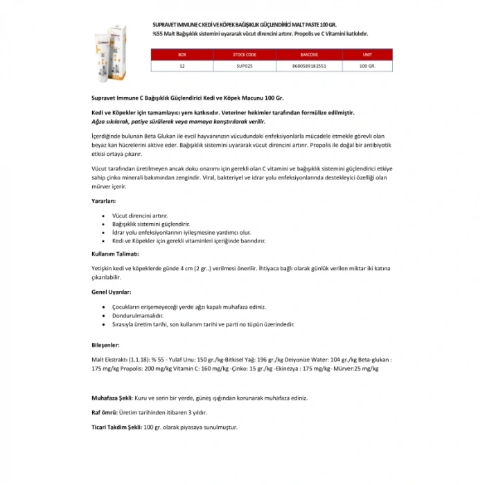 Supravet Kedi ve Köpek Bağışıklık Güçlendirici Immune C Malt Paste 100 gr