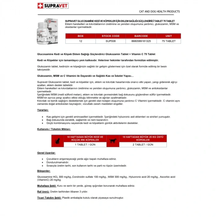 Supravet Kedi ve Köpek Eklem Sağlığı Güçlendirici Glukozamin Tablet+Vitamin C Tablet (75 Tablet)