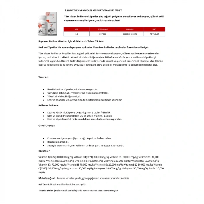 Supravet Kedi ve Köpekler için Multivitamin Tablet (75 Tablet)