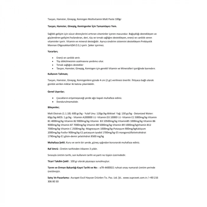 Supravet Kemirgenler için Multivitamin Malt Paste 100 gr