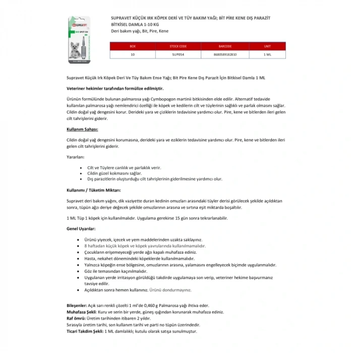 Supravet Küçük Irk Köpek Deri Tüy Bakım Bit Pire Kene Dış Parazit Damla 1ml
