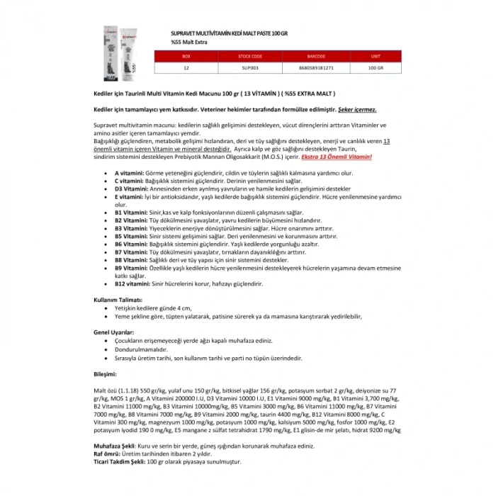 Supravet Malt Paste Multivitamin Kedi Macunu