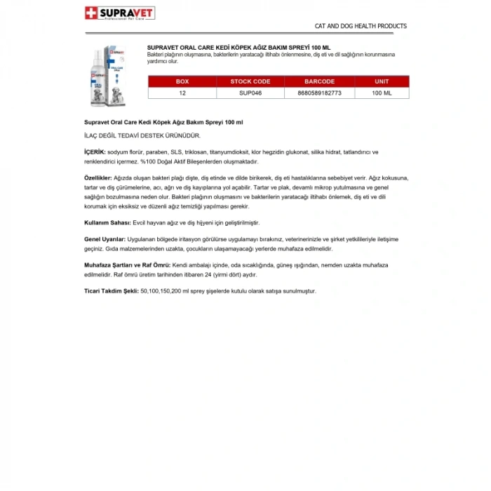 Supravet Oral Care Kedi ve Köpek Ağız Bakım Spreyi 100 ml