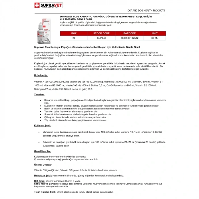 Supravet Plus Kanarya,Güvercin Ve Muhabbet Kuşları İçin Multivatamin Damla