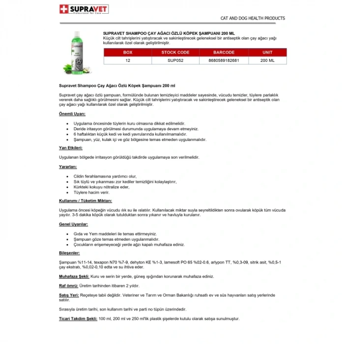 Supravet Shampoo Çay Ağacı Özlü Köpek Şampuanı 200 ml