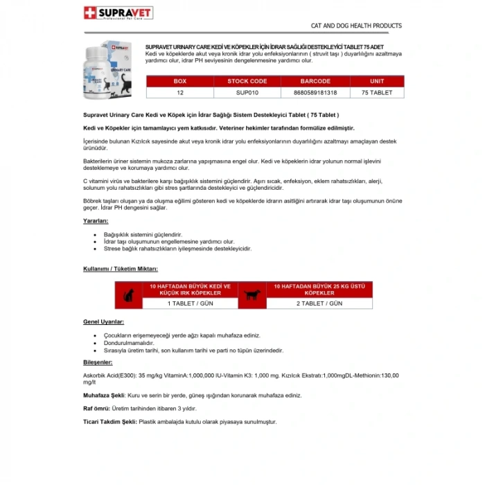 Supravet Urinary Care Kedi ve Köpek İçin İdrar Sağlığı Sistem Destekleyici Tablet (75 Tablet)