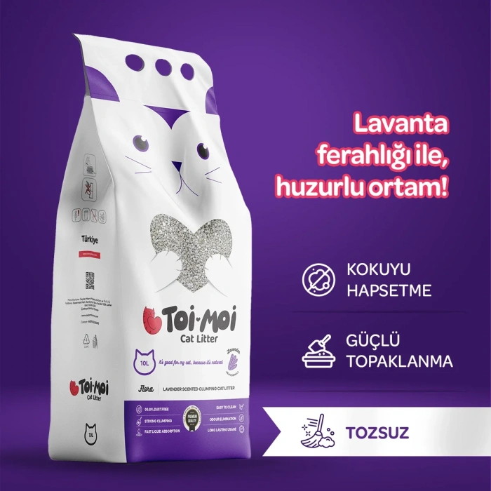 Toi Moi Topaklanan, Tozsuz, Koku hapseden Lavantalı Bentonit Kedi Kumu 10 lt