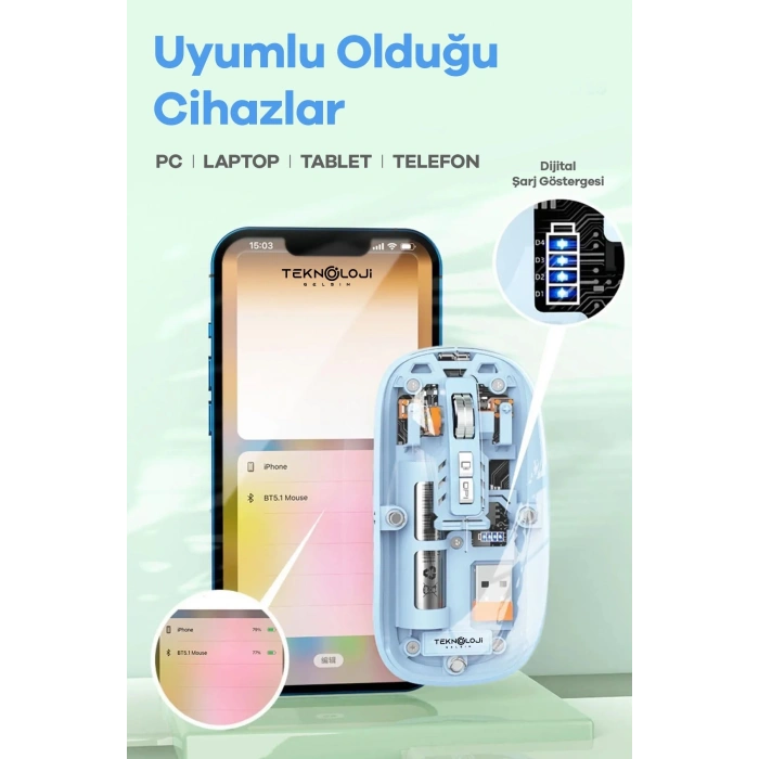 Bluetooth Usb Çift Modlu Sessiz Mouse, Şeffaf Mıknatıslı Kapaklı, Type-c Şarjlı, Dpı Ayarlı, Kablosuz 10m Çekim Mesafeli, Masaüstü Kısayol Tuşlu, Taşınabilir Şarjlı Mouse Siyah