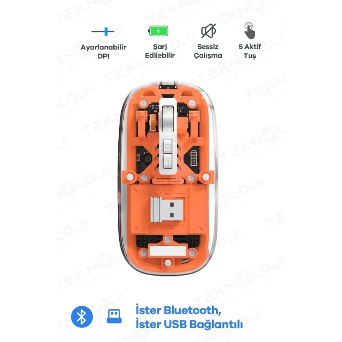 Bluetooth Usb Çift Modlu Sessiz Mouse, Şeffaf Mıknatıslı Kapaklı, Type-c Şarjlı, Dpı Ayarlı, Kablosuz 10m Çekim Mesafeli, Masaüstü Kısayol Tuşlu, Taşınabilir Şarjlı Mouse Turuncu