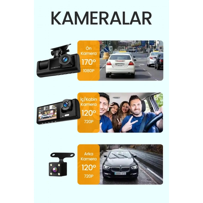 C309 Tipi 3 Kameralı Lcd Ekran Araç Kamerası Hareket Sensörlü Gece Görüşlü G Sensörlü