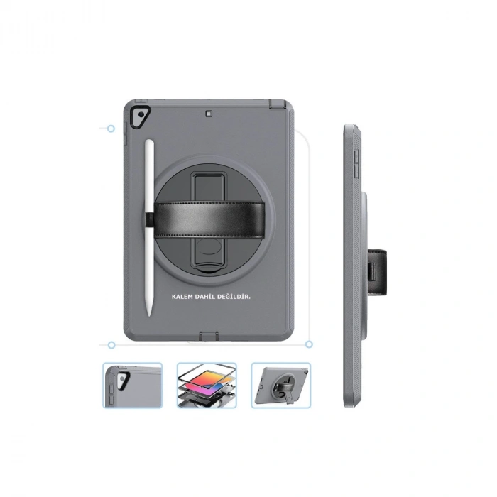 İpad 10.2 (7.nesil) Kılıf Hand Strap Tablet Kılıfı - Gri