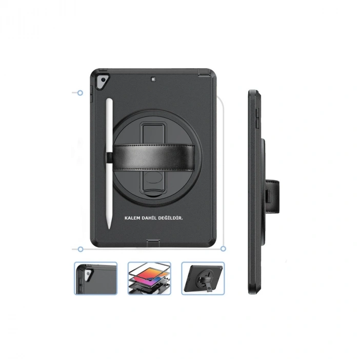 İpad 10.2 (7.nesil) Kılıf Hand Strap Tablet Kılıfı - Siyah