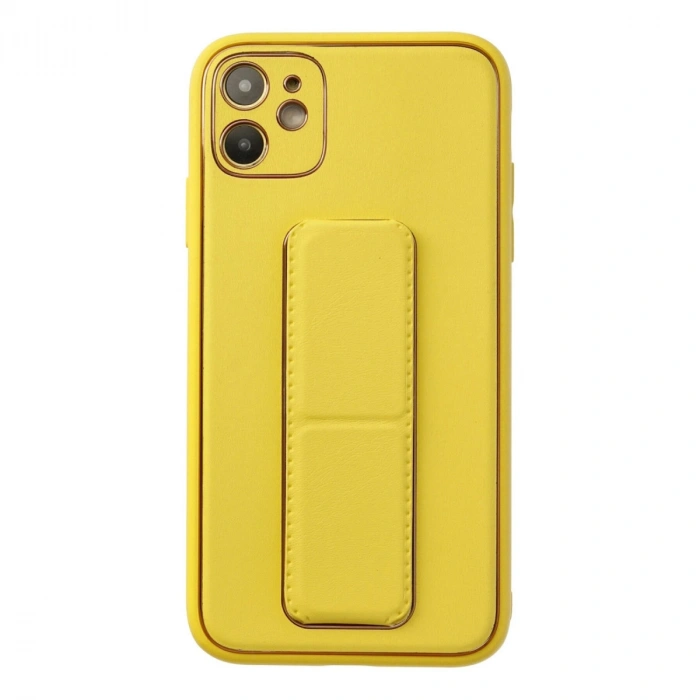 İphone 12 Kılıf Coco Deri Standlı Kapak - Sarı