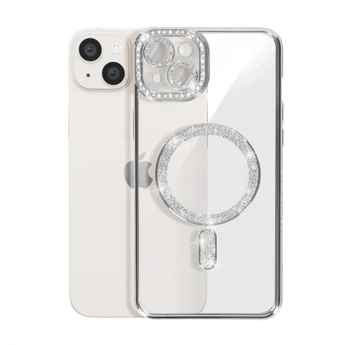 İphone 15 Kılıf Joke Simli Magneticsafe Kılıf - Gümüş