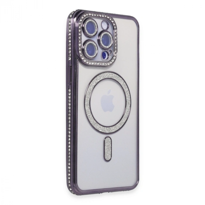 İphone 15 Pro Max Kılıf Joke Simli Magneticsafe Kılıf - Derin Mor
