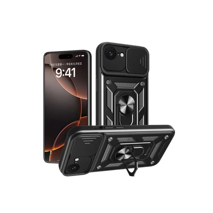 İphone 16e Kılıf Pars Lens Yüzüklü Silikon - Siyah