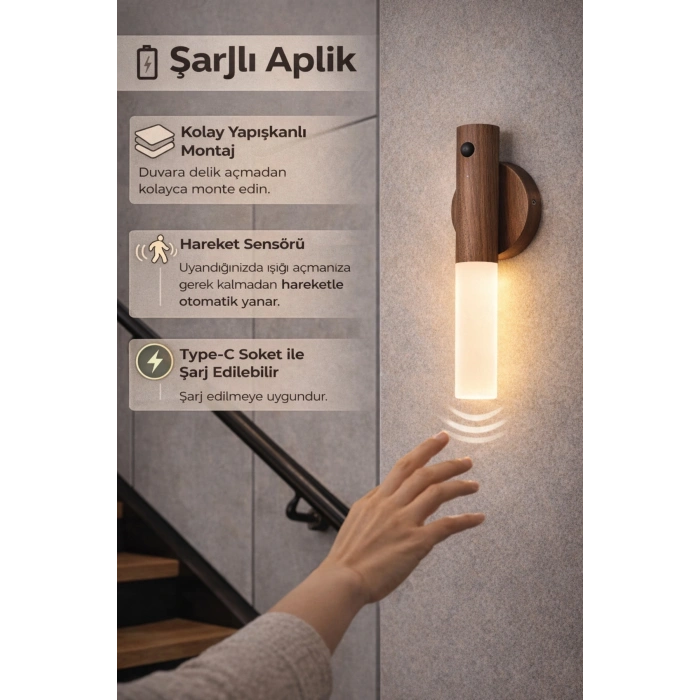 Sensörlü Dekoratif Meşale Duvar Aplik Led Gece Lambası Mıknatıslı Model